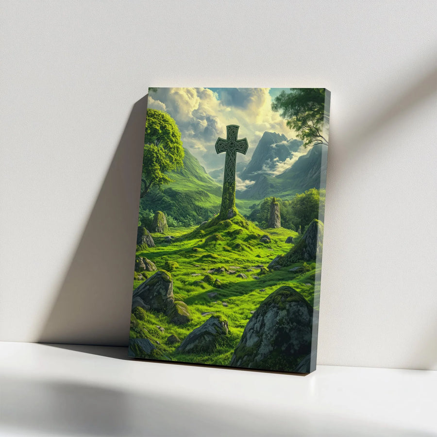 Celtic Cross Canvas Wall Art | Irish Landscape with Ancient Stone Cross | Premium Gallery Wrapped Print | Christian Heritage Decor Gift