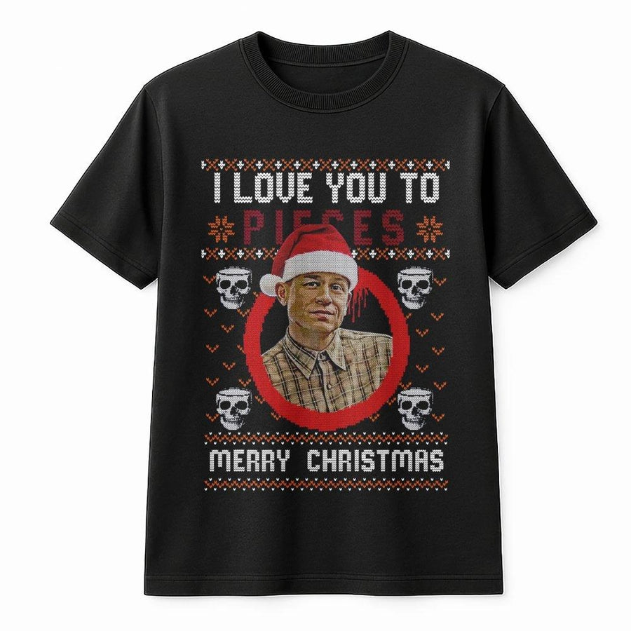 True Crime Graphic T-Shirt | I Love You To Pieces Ugly Christmas Sweater Print | Premium Soft Cotton | Funny Dark Humor Holiday Gift For Fans