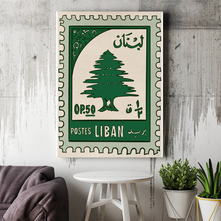 Lebanon Cedar Tree Wall Art | Vintage Postage Stamp Print | Premium Gallery Wrap Canvas | Lebanese Heritage Home Decor Gift