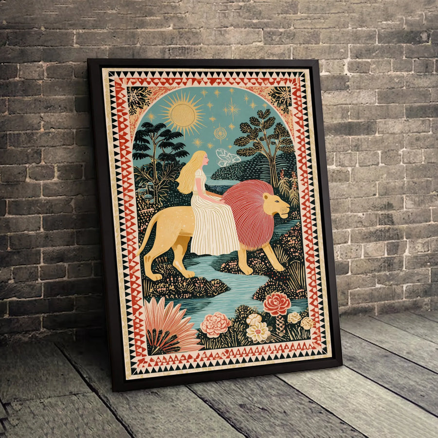 Woman Riding Lion Wall Art | Mystical Folk Art Canvas Print | Gallery-Quality Fade-Resistant | Spiritual Home Decor Gift