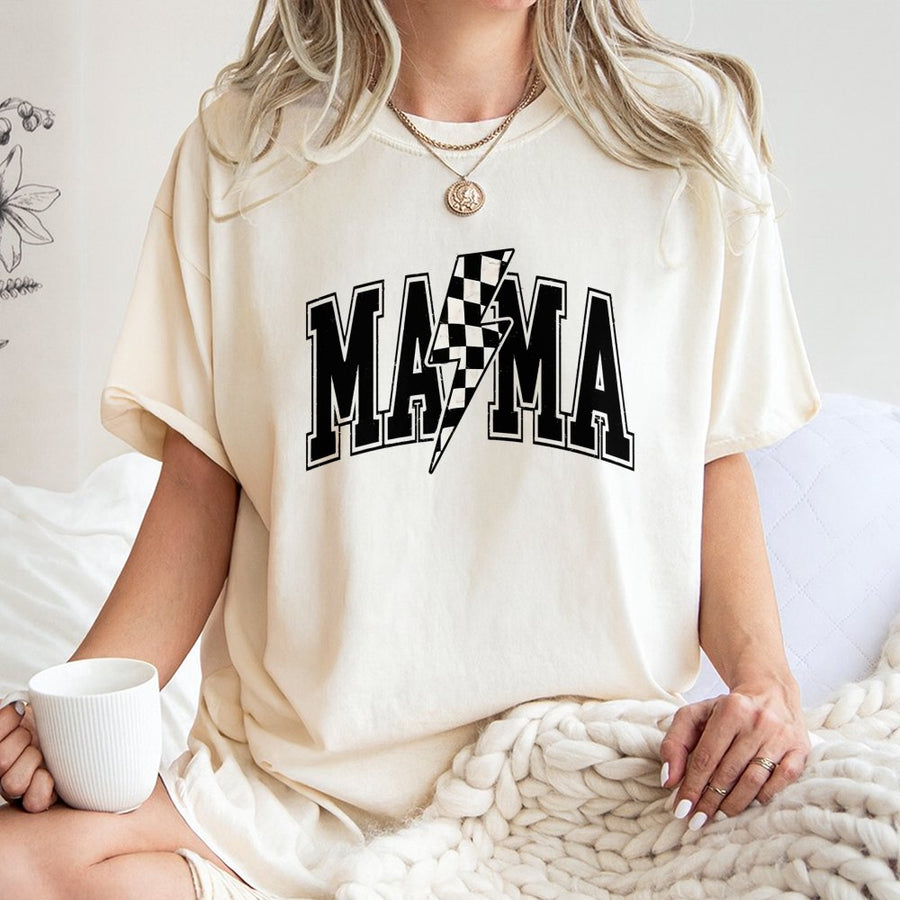 Mama T-Shirt | Retro Checkered Lightning Bolt Graphic | Premium 100% Cotton Tee | Trendy Mom Gift for Mother's Day 2026 and Birthday