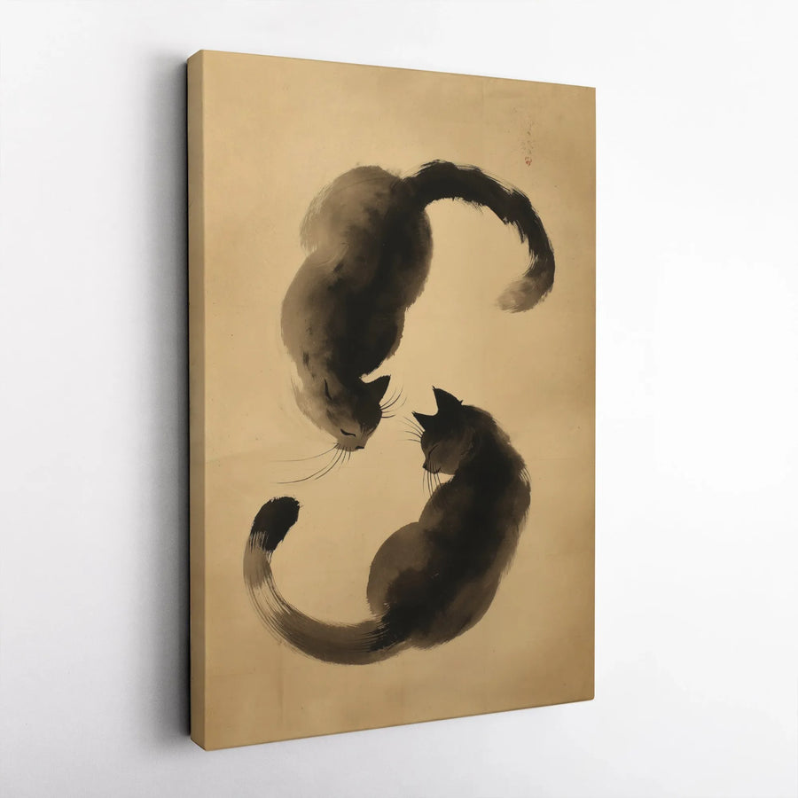 Yin Yang Black Cat Wall Art | Japanese Sumi-e Ink Wash Style | Premium Gallery-Wrapped Canvas | Zen Home Decor Gift for Cat Lovers