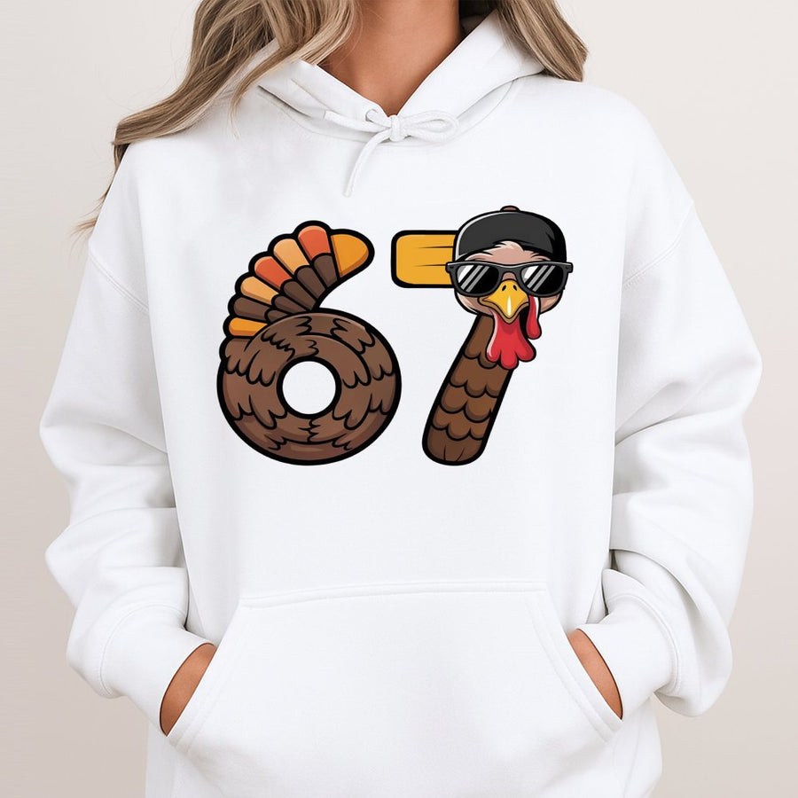 67 Turkey Thanksgiving Hoodie | Funny Birthday Age Number Design | Premium Cotton Blend Pullover | Cute Fall Holiday Gift for Him or Her