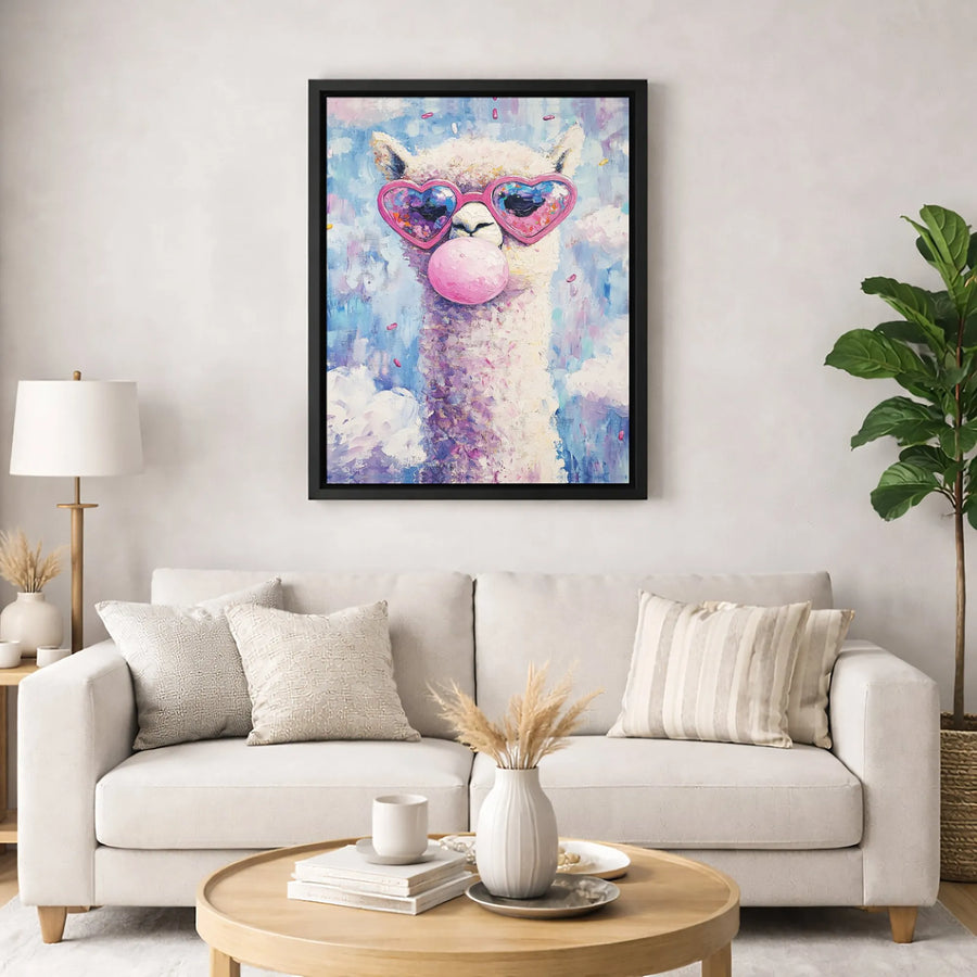 Llama Wall Art Canvas | Cute Alpaca Blowing Bubble Gum with Heart Sunglasses | Premium Texture Gallery Wrap | Whimsical Nursery or Office Decor