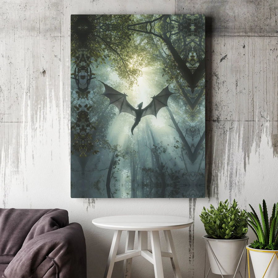 Dragon Wall Art Canvas | Misty Forest Fantasy Landscape | Premium Fade-Resistant Print | Magical Home Decor Gift for Fantasy Lovers