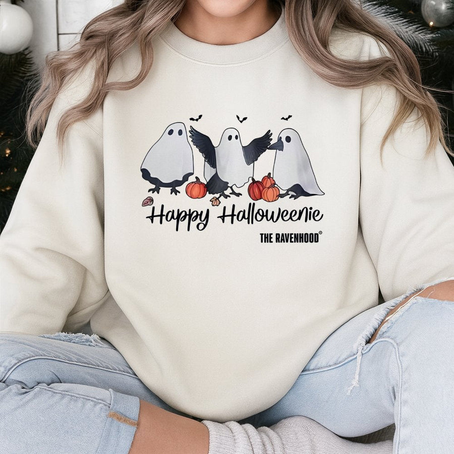 Happy Halloweenie Sweatshirt | Ghostly Raven Book Club Graphic | Soft Cotton Blend Crewneck | Cute Spooky Season Gift For Book Lovers