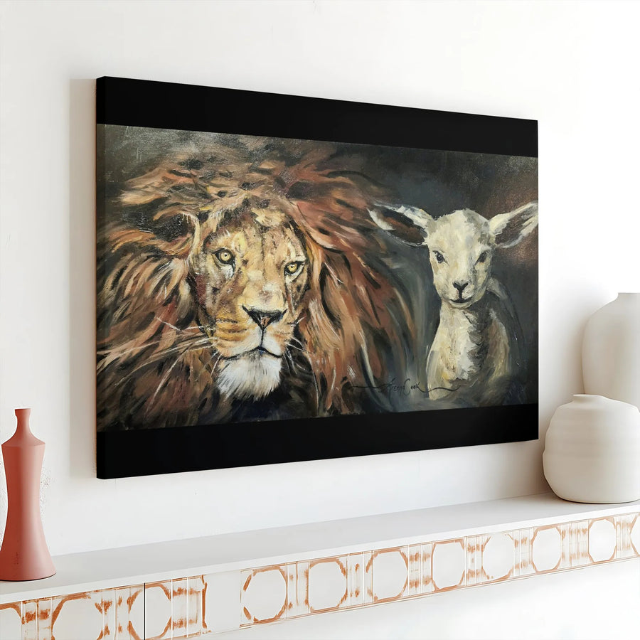 Lion and Lamb Wall Art | Christian Religious Painting on Canvas | Gallery Wrapped 1.25” Frame | Spiritual Home Decor Gift