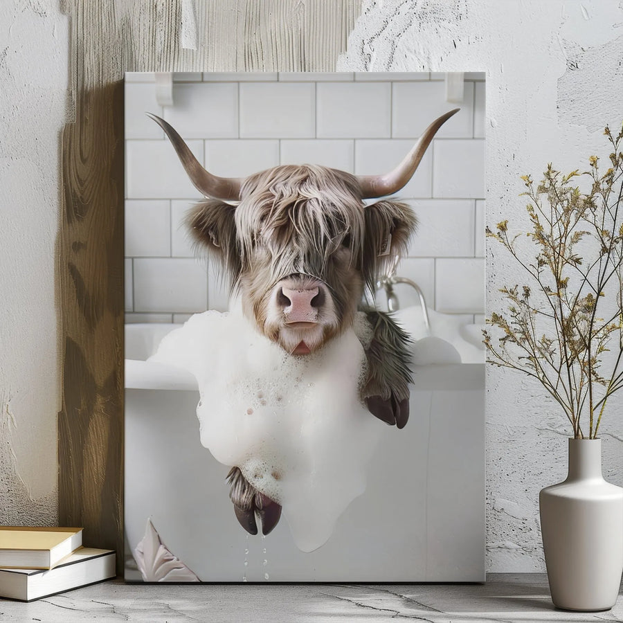 Highland Cow Canvas Wall Art | Funny Bubble Bath Animal Print | Premium 1.25" Gallery Wrap | Farmhouse Bathroom Decor Gift