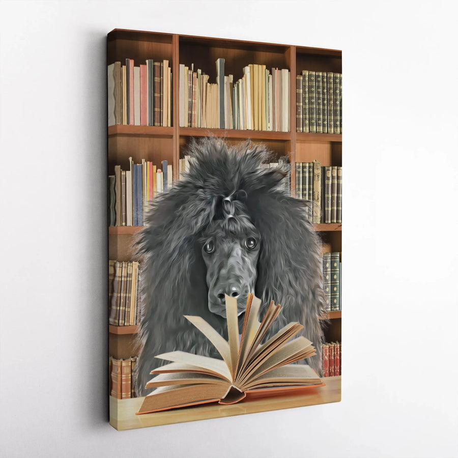 Black Poodle Reading Book Vertical Canvas | Vintage Library Dog Wall Art | 1.25 Inch Premium Gallery Wrap | Gift for Book Lovers and Poodle Owners
