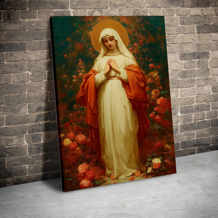 Virgin Mary Wall Art | Sacred Mother in Rose Garden Canvas Print | 1.25-Inch Gallery Wrap | Premium Religious Decor for Home or Church
