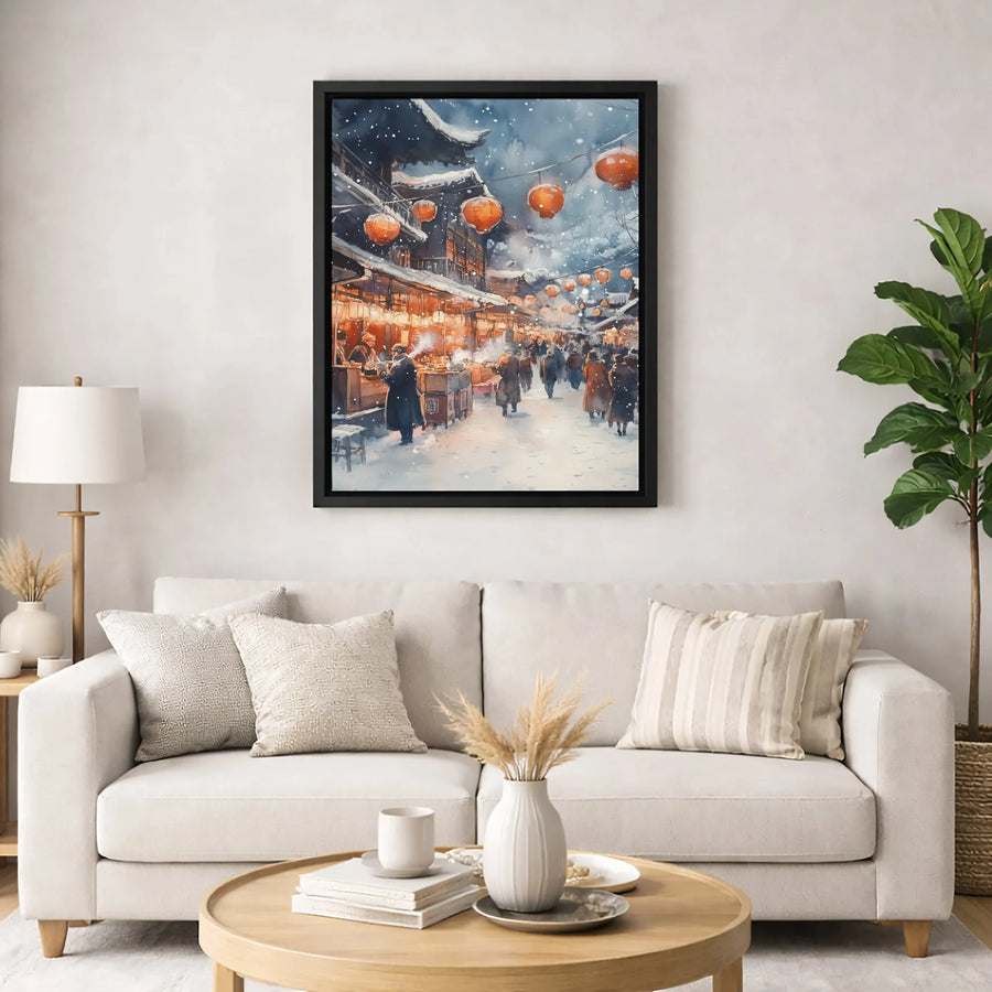 Asian Winter Street Market Canvas | Watercolor Snow Scene with Lanterns | Premium Gallery Wrapped Art | Cozy Home Decor Gift