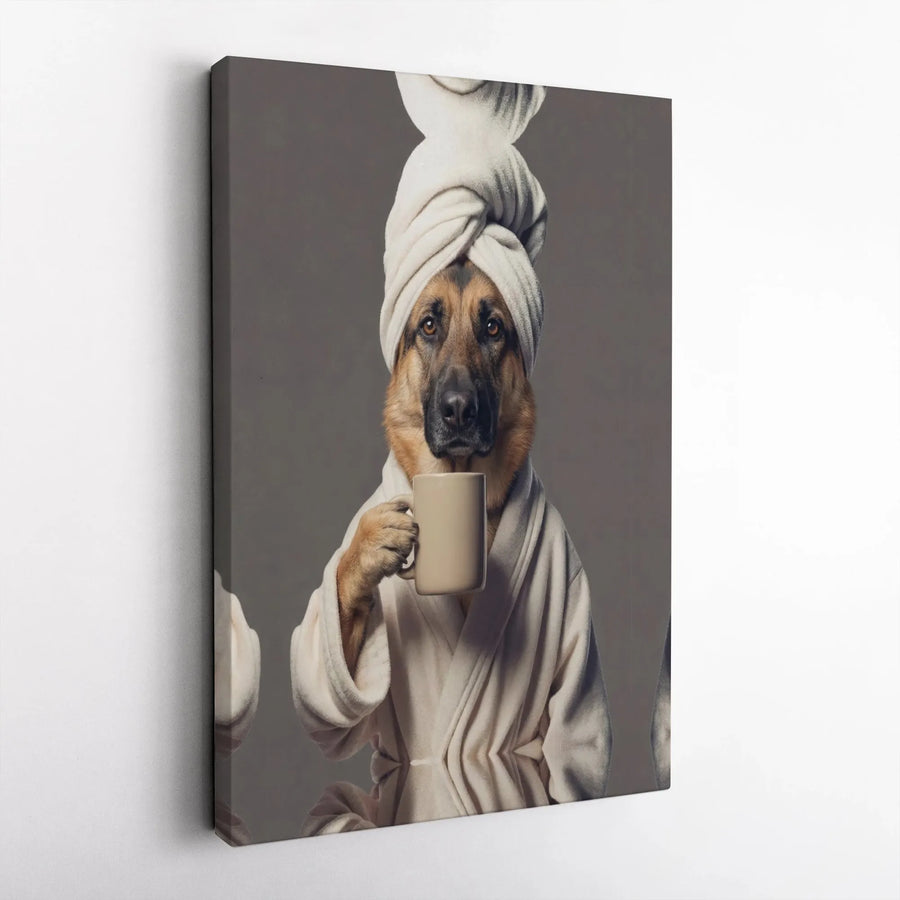 German Shepherd Spa Day Canvas Art | Funny Dog in Bathrobe with Coffee | Premium Matte Canvas Print | Unique Bathroom Wall Decor Gift for Dog Lover