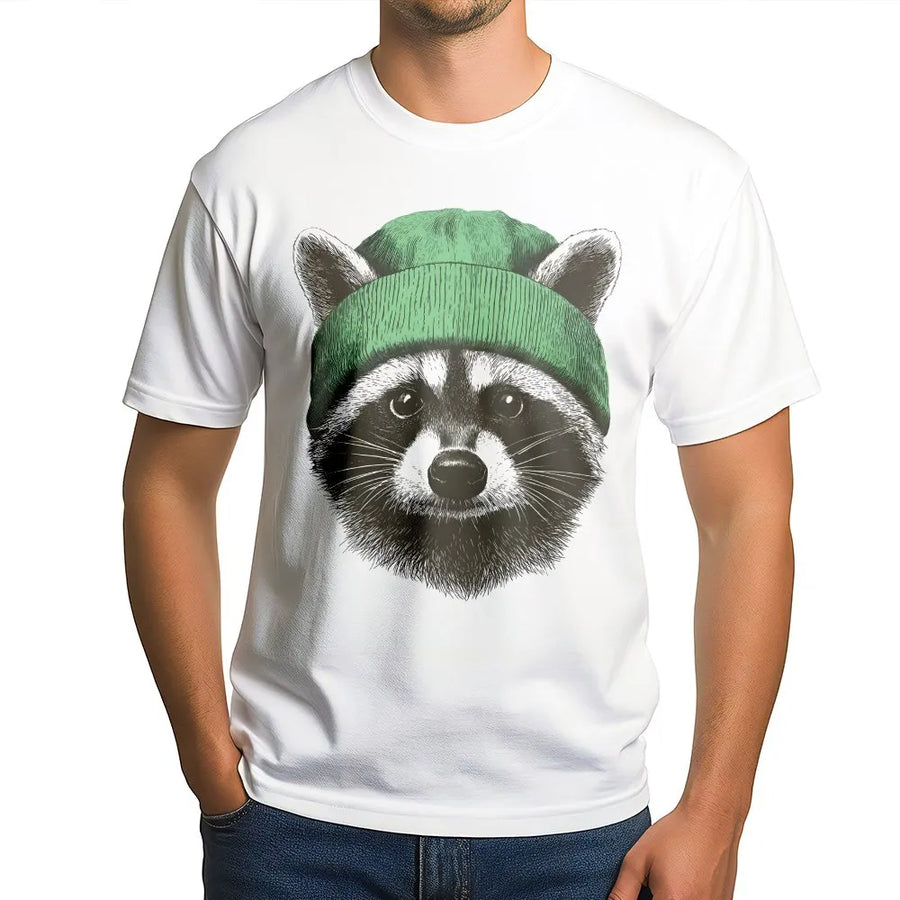 Raccoon T-Shirt with Green Beanie | Cute Animal Graphic Print | Soft 100% Cotton | Funny Nature Lover Gift for Men and Women