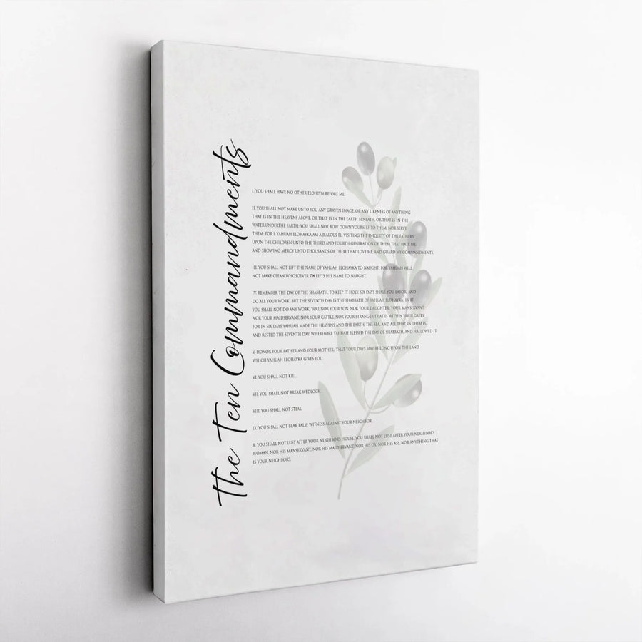 Ten Commandments Wall Art | Yahuah Elohiym Olive Branch Print | Premium Gallery Wrap Canvas | Religious Home Decor & Faithful Gift