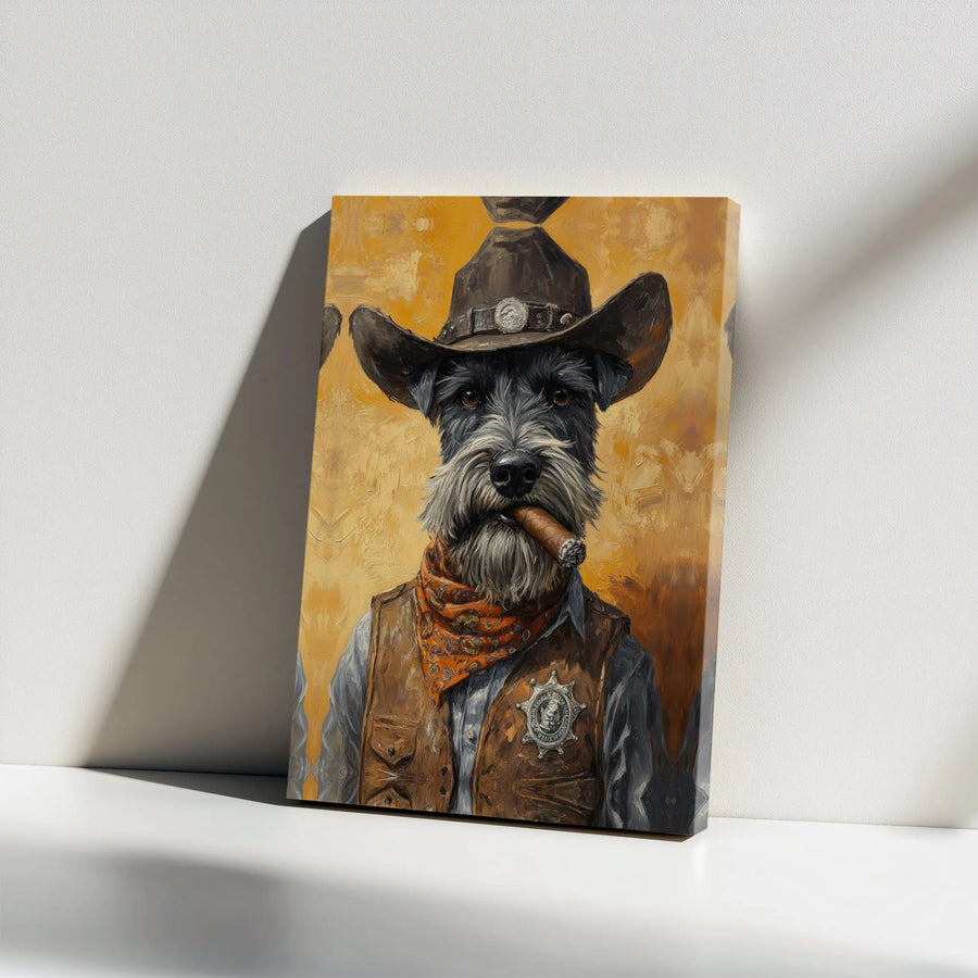 Schnauzer Cowboy Wall Art | Sheriff Dog Smoking Cigar Print | Premium Gallery Wrap Canvas | Unique Western Home Office Decor Gift
