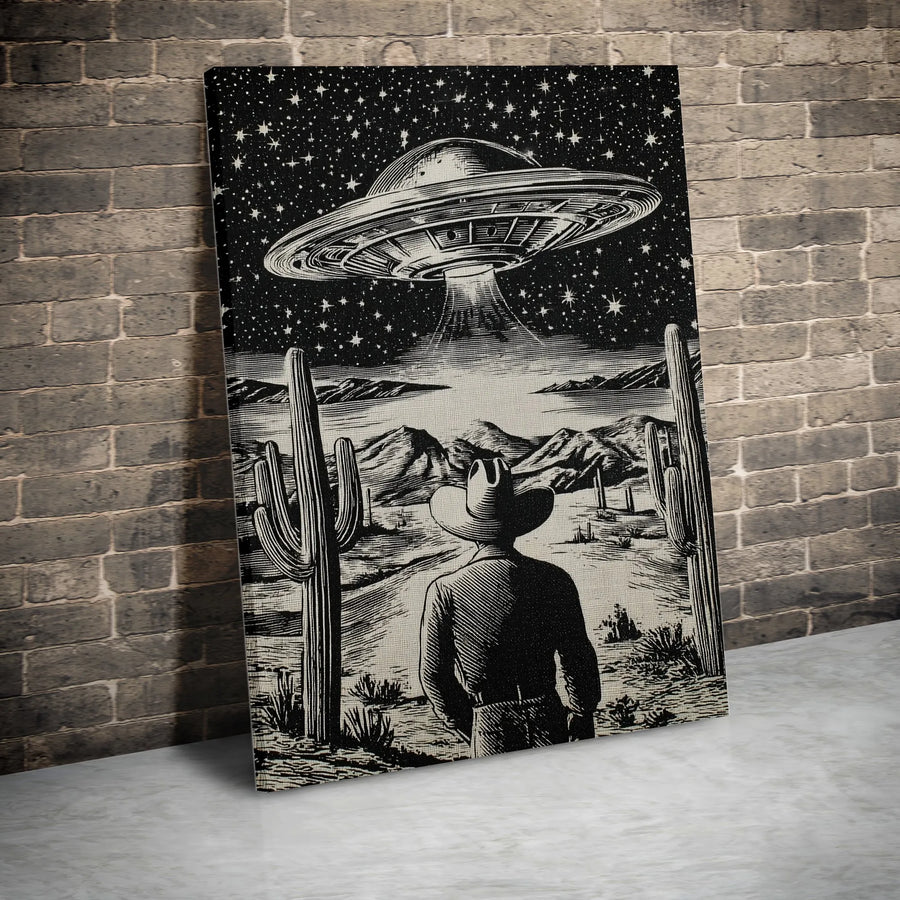 Cowboy UFO Desert Canvas | Retro Sci-Fi Western Illustration | 1.25-Inch Premium Gallery Wrap | Unique Space Decor Gift for Him