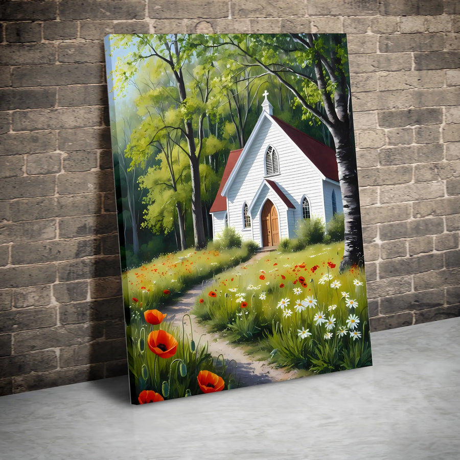 White Chapel Forest Painting | Wildflower Meadow Landscape Wall Art | Gallery Quality Premium Canvas | Serene Christian Home Decor Gift