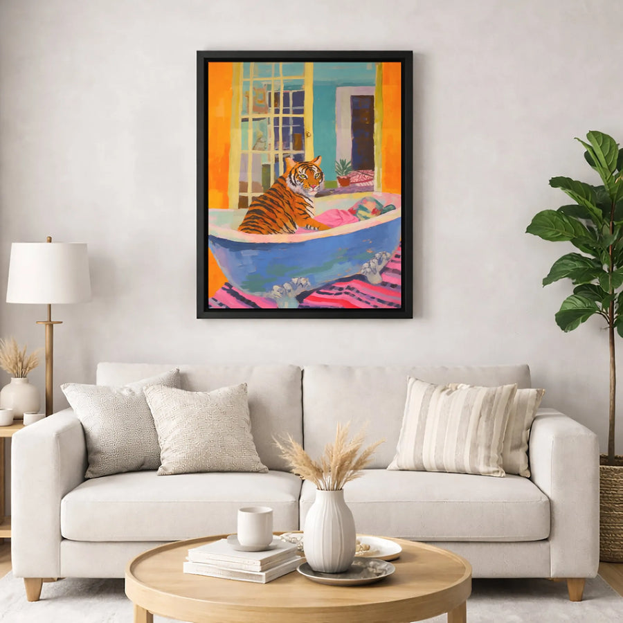 Tiger in Bathtub Canvas Wall Art | Colorful Maximalist Animal Print | Premium 1.25-Inch Gallery Wrap | Whimsical Home Decor Gift