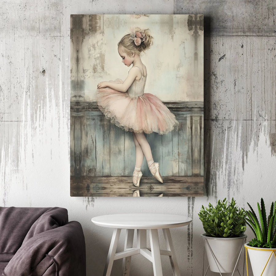 Vintage Ballerina Canvas Wall Art | Young Girl in Pink Tutu Sketch | Premium Gallery Wrapped Canvas | Girls Room & Nursery Decor Gift