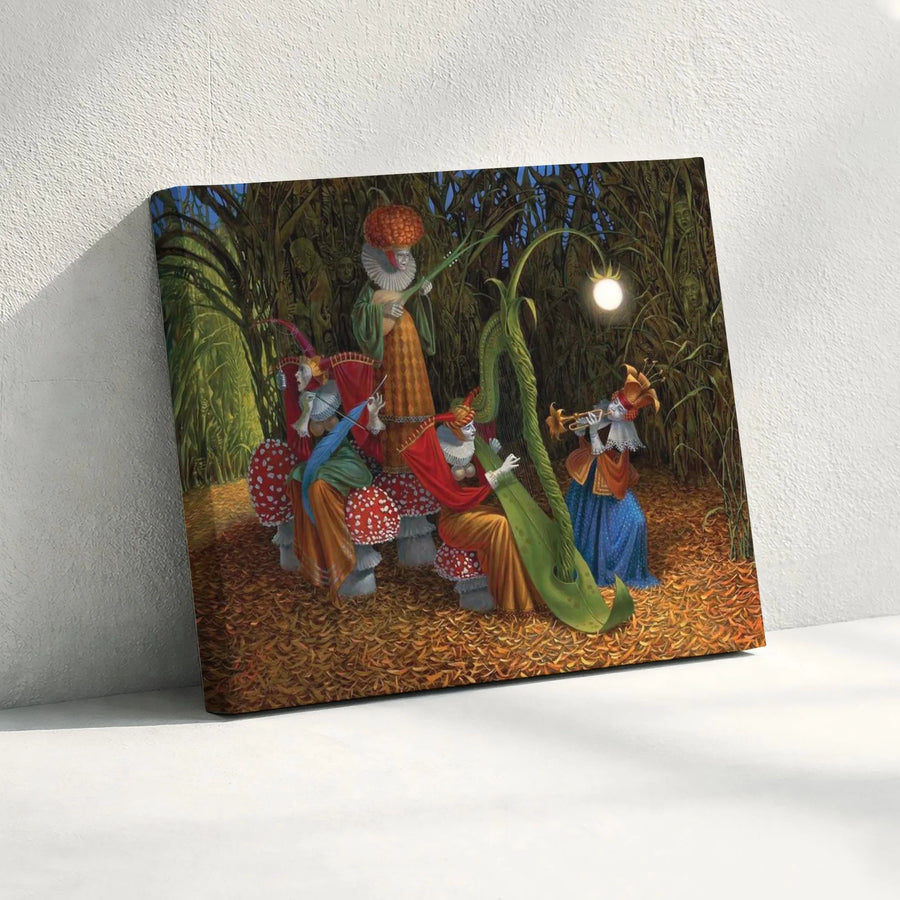 Surreal Forest Musicians Canvas Art | Whimsical Jesters in Enchanted Woods Print | Premium Gallery-Quality Canvas | Collector's Gift for Fantasy Lovers