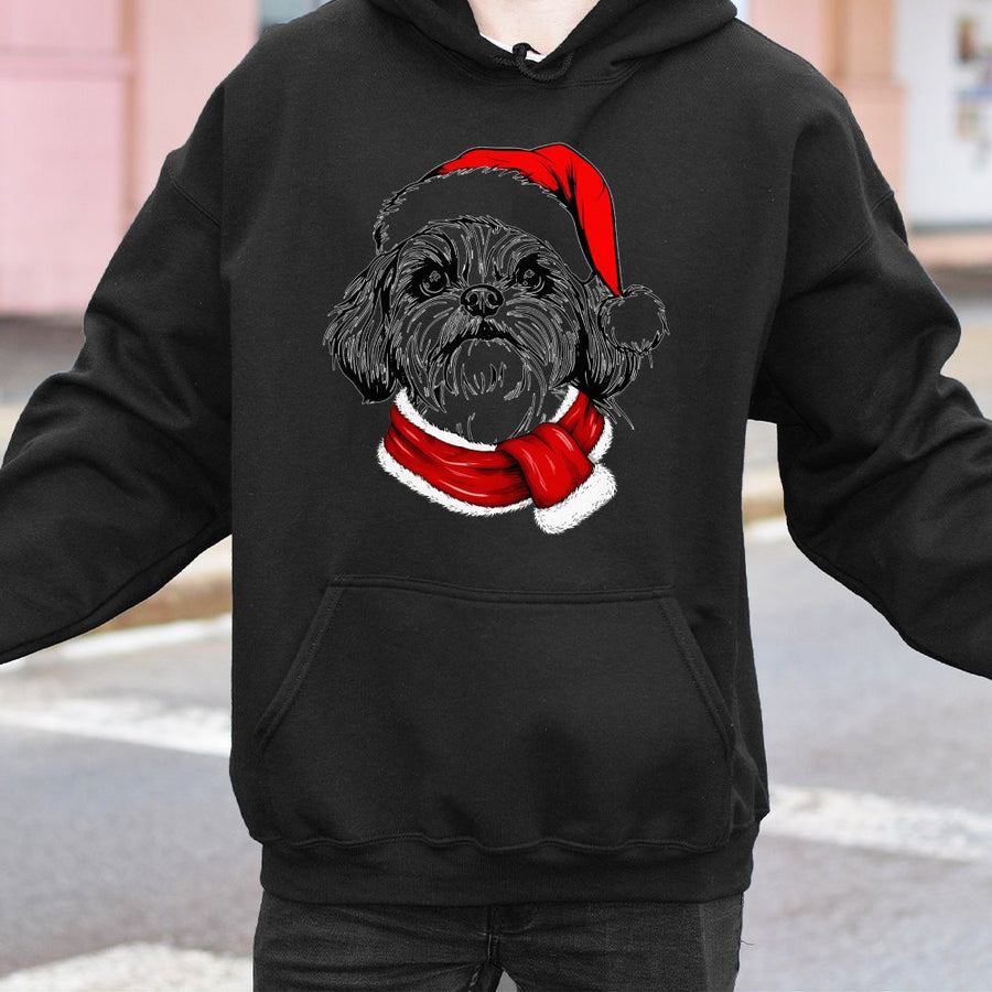 Shih Tzu Christmas Hoodie | Festive Santa Hat and Scarf Graphic | Premium Cotton Blend | Holiday Gift for Dog Lovers