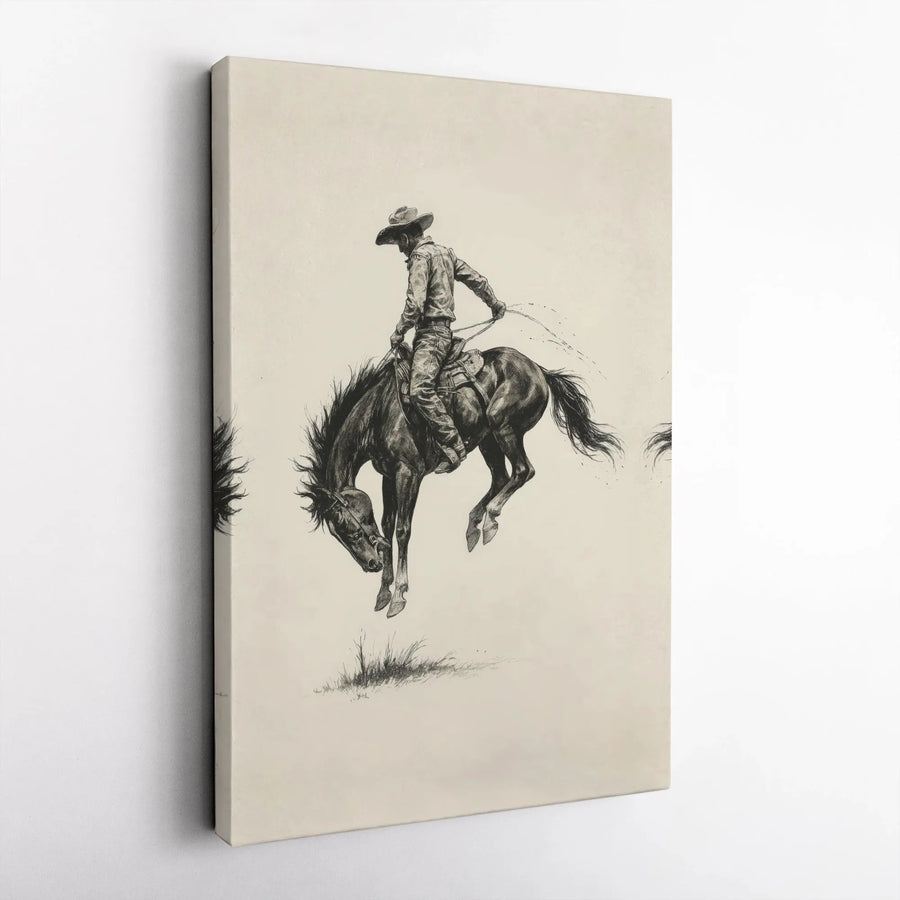 Cowboy Riding Bucking Bronco Canvas Art | Western Rodeo Sketch Print | 1.25-Inch Gallery Wrap | Premium Wall Decor Gift for Men