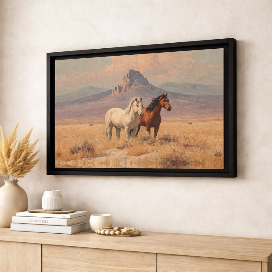 Western Horse Landscape Canvas Wall Art | Mountain Butte Desert Scene | Gallery Quality Print | Premium Ranch Decor Gift for Home Office