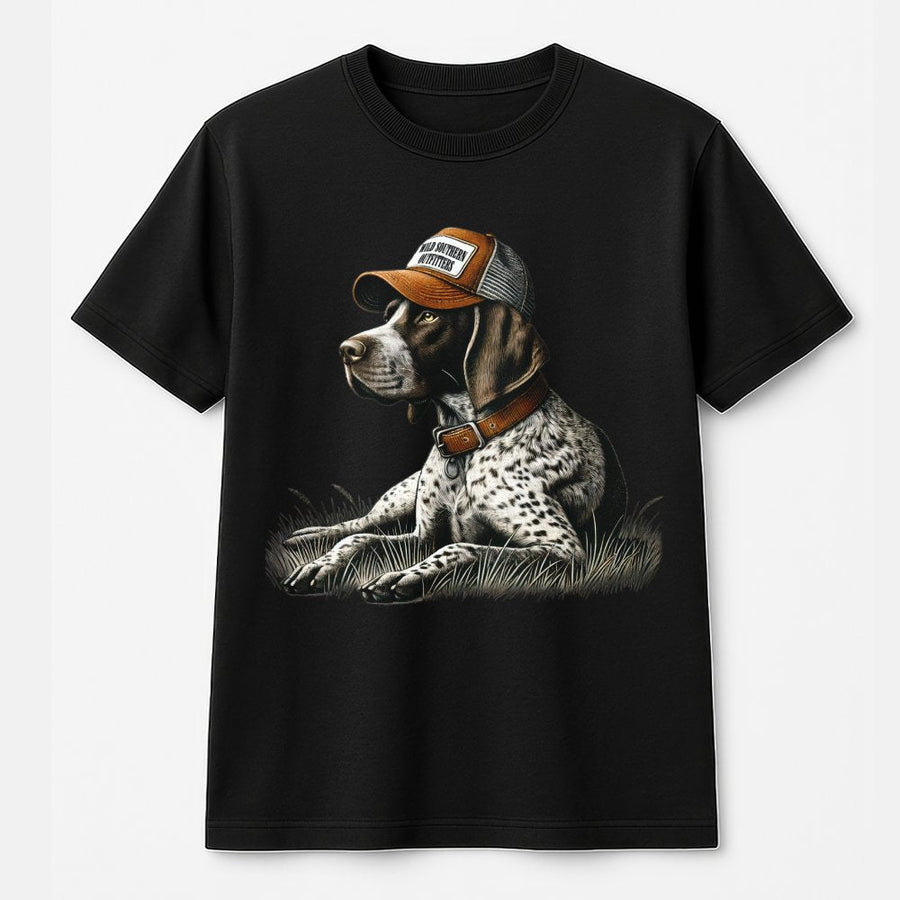 German Shorthaired Pointer T-Shirt | Bird Hunting Dog in Hat Graphic | Premium 100% Cotton | Country Style Wildlife Gift for Hunters