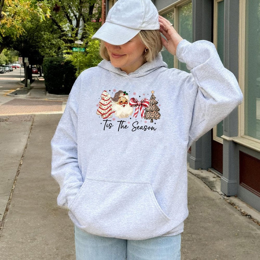 Tis The Season Christmas Hoodie | Leopard Print Santa & Tree Graphic | Premium Cotton Blend | Holiday Gift for Women & Men