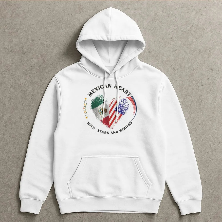 Mexican American Heart Hoodie | Dual Flag USA Mexico Graphic Print | Premium Cotton Blend | Heritage Pride Gift For Men and Women