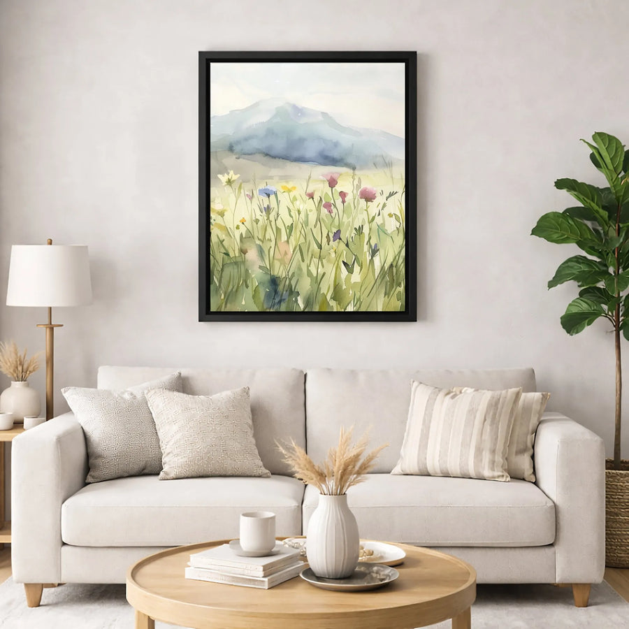 Watercolor Mountain Landscape Canvas | Wildflower Field Wall Art | 1.25-Inch Premium Gallery Wrap | Nature-Inspired Home Decor Gift