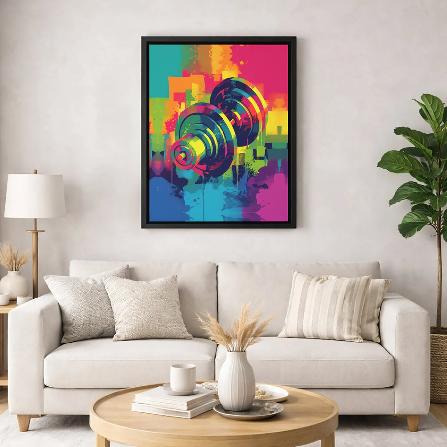 Dumbbell Wall Art Canvas | Colorful Abstract Graffiti Fitness Print | 1.25 Inch Premium Gallery Wrap | Motivational Gym Decor Gift