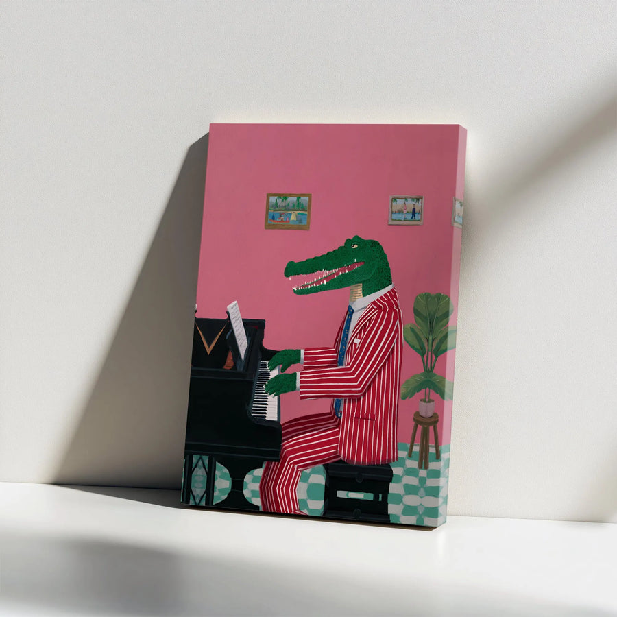 Alligator Playing Piano Canvas Art | Whimsical Animal Musician Print | Premium Gallery Wrapped Canvas | Quirky Home Decor Gift for Music Lovers