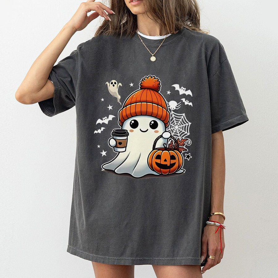 Cute Ghost T-Shirt | Kawaii Halloween Coffee Graphic | Premium Soft Cotton Tee | Spooky Season Gift For Her And Him