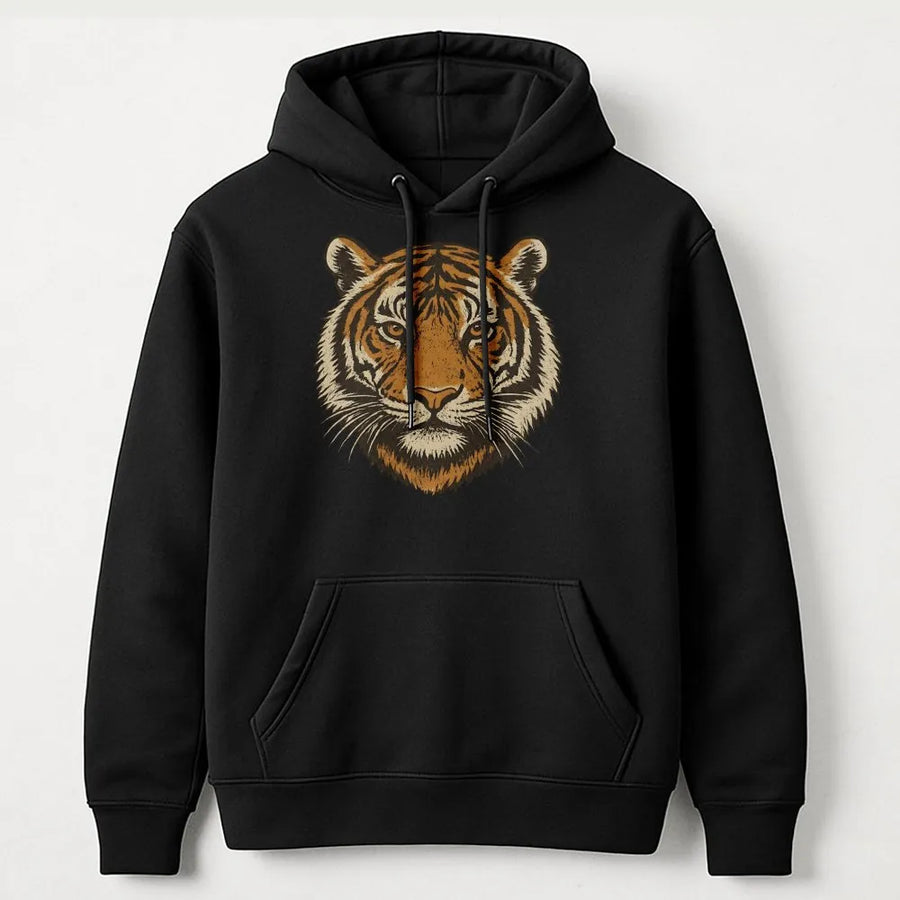 Vintage Tiger Hoodie | Retro 90s Graphic Wild Cat Face | Premium Cotton Blend | Jungle Animal Lover Gift