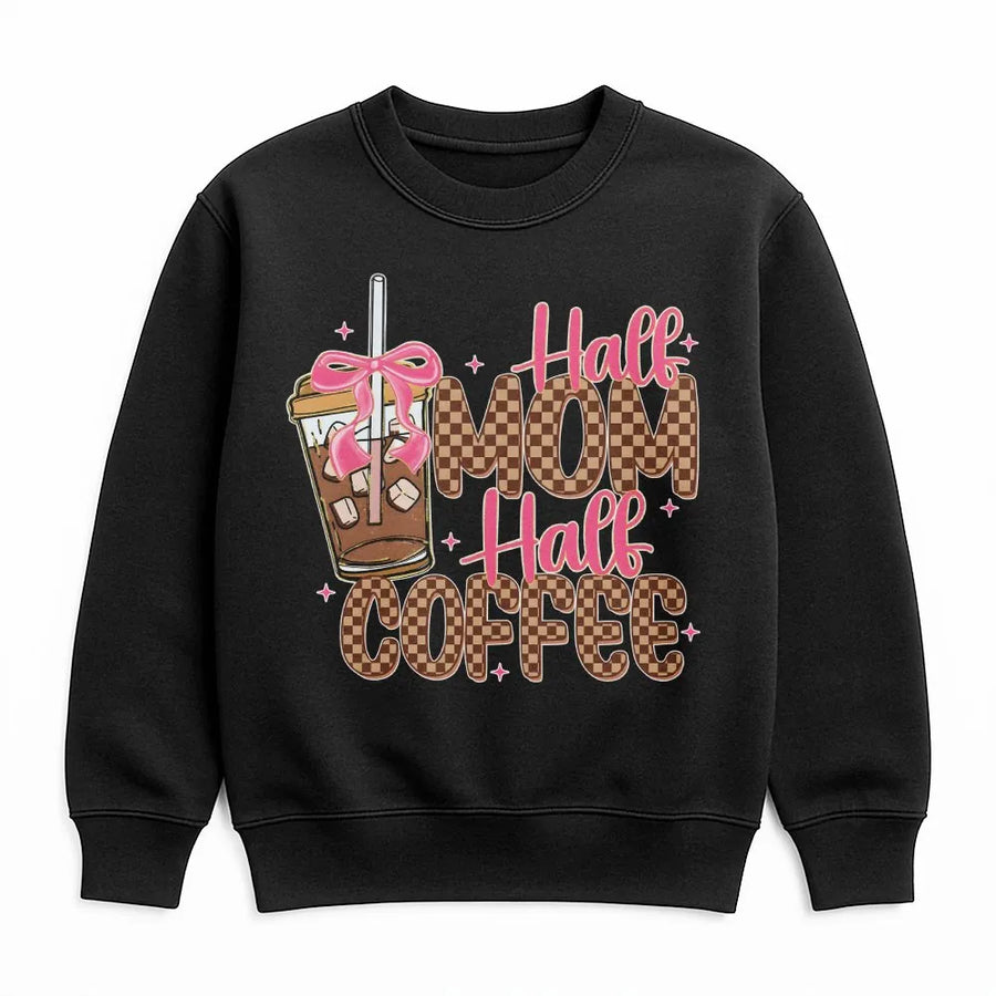 Half Mom Half Coffee Sweatshirt | Retro Checkered Graphic with Coquette Bow | Premium Soft Cotton Blend | Funny Coffee Lover Gift for Mom