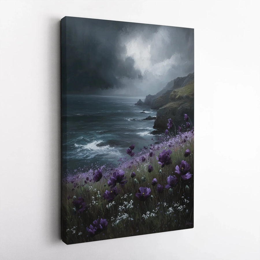Stormy Seascape Wall Art | Moody Ocean Cliff with Purple Poppies | Premium Gallery Wrapped Canvas | Atmospheric Home Office Decor Gift