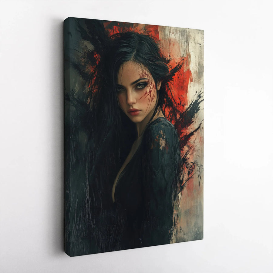 Dark Fantasy Portrait Canvas | Moody Abstract Red and Black Wall Art | Premium Gallery Wrapped Print | Modern Gothic Home Decor Gift