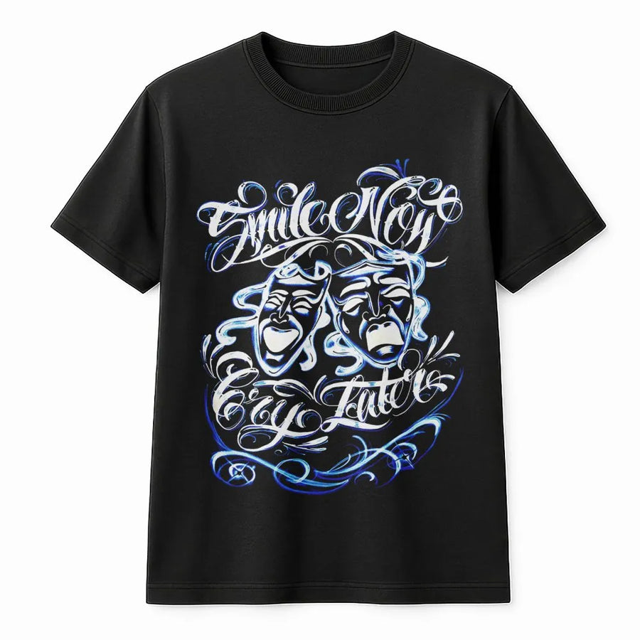 Smile Now Cry Later Graphic T-Shirt | Chicano Style Airbrush Art | Premium Cotton Streetwear | Unisex Urban Aesthetic Gift