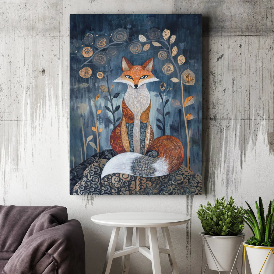 Fox Canvas Wall Art | Whimsical Night Forest Patchwork Design | Premium Gallery-Wrapped Print | Woodland Animal Home Decor Gift