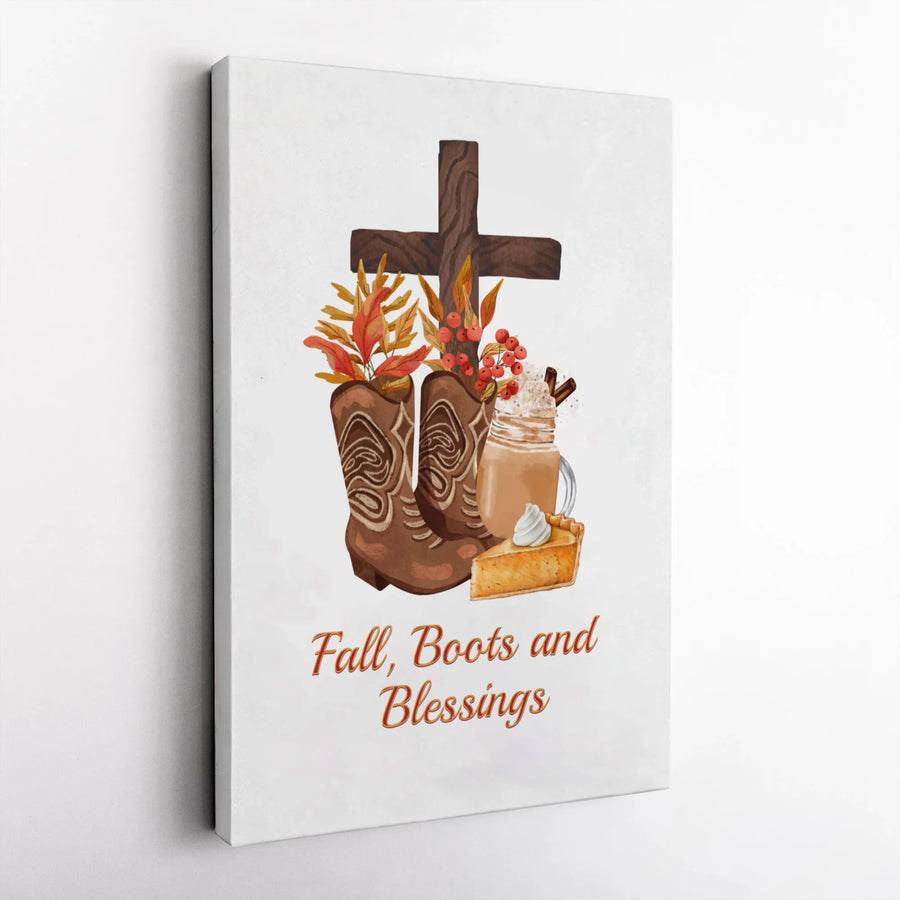 Fall Boots and Blessings Wall Art | Watercolor Cross Cowboy Boots Print | 1.25-Inch Premium Gallery Canvas | Religious Autumn Home Decor Gift