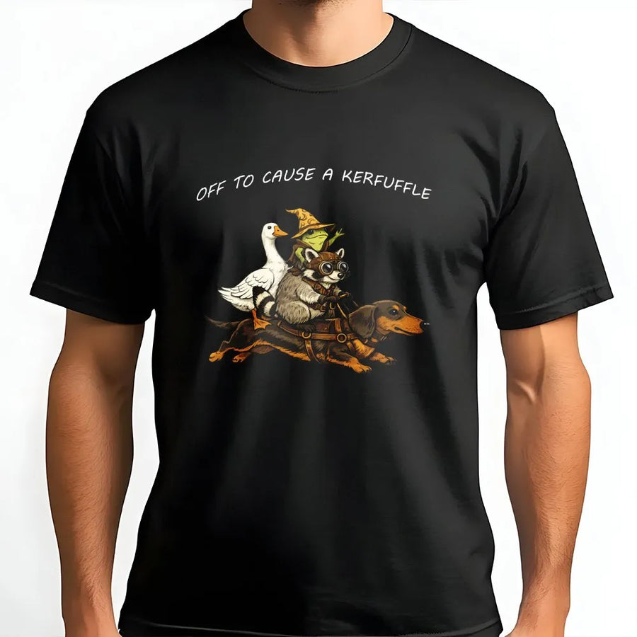 Off To Cause A Kerfuffle T-Shirt | Funny Raccoon Riding Dachshund Graphic Tee | Premium Soft Cotton | Sarcastic Humor Gift for Animal Lovers