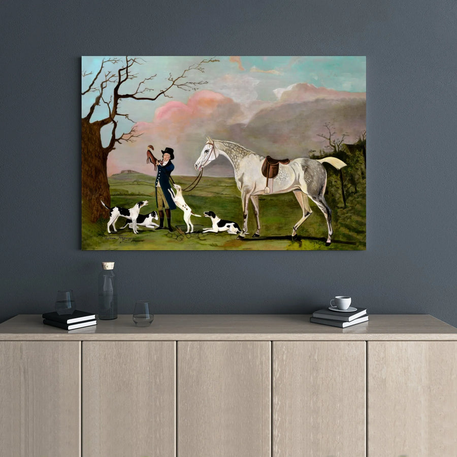 Equestrian Wall Art Canvas | Vintage Hunter Horse And Hounds Painting | Premium Gallery Wrap Print | Classic Farmhouse Home Decor