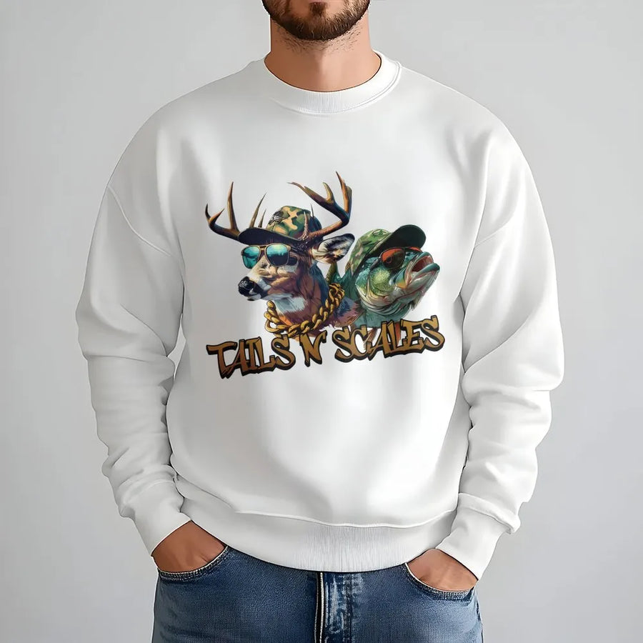 Tails N Scales Hunting Fishing Sweatshirt | Deer and Bass Retro Graphic | Premium Cotton Blend Crewneck | Outdoor Life Gift for Outdoorsmen