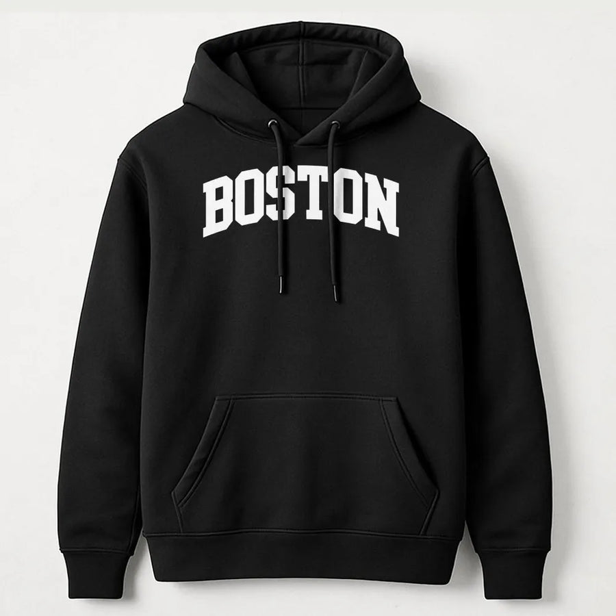Boston Varsity Hoodie | Retro Arch Lettering Graphic | Premium Cotton Blend | Unisex Streetwear Gift for Men and Women