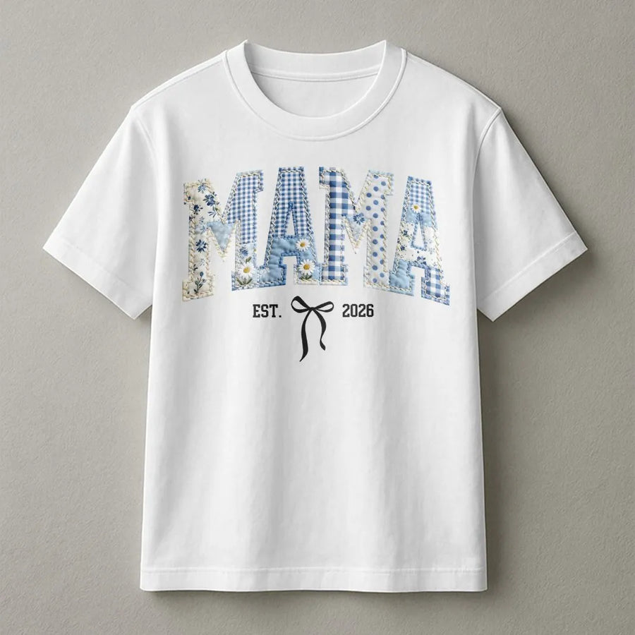 Mama Est 2026 T-Shirt | Blue Floral Faux Patchwork Design With Bow | 100% Cotton Premium Apparel | Pregnancy Announcement Gift for New Mom
