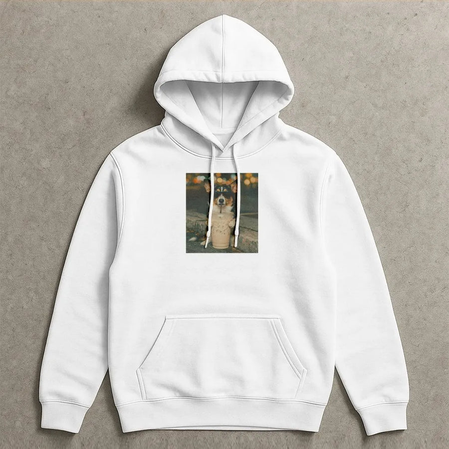 Funny Corgi Hoodie | Corgi with Sunglasses Drinking Coffee | Soft Cotton Polyester Blend | Gift for Dog Mom & Corgi Lover