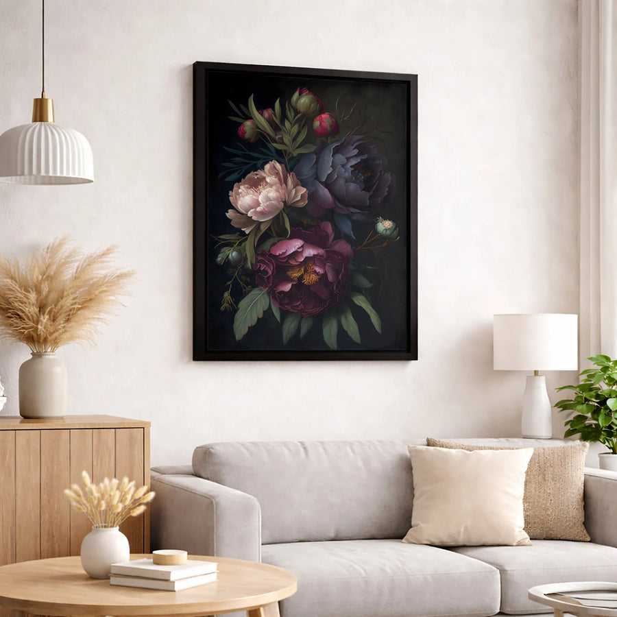 Moody Dark Floral Peony Canvas Wall Art | Dramatic Botanical Oil Painting Style | Premium Gallery-Wrapped Print | Elegant Home Decor Gift
