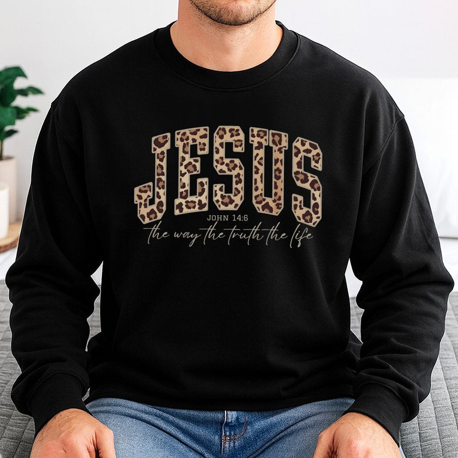 Jesus Sweatshirt | Cheetah Print Bible Verse John 14:6 | Premium Cotton Blend Crewneck | Trendy Faith Gift for Women and Men