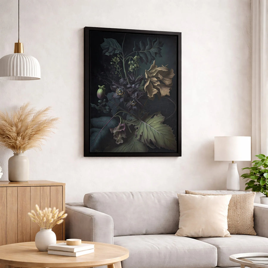 Dark Moody Floral Canvas Art | Botanical Still Life Wall Decor | Premium Fade-Resistant Gallery Wrap | Sophisticated Home Office Decor